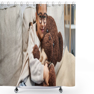 Personality  Happy Girl In Casual Wear And Eyeglasses Hugging Teddy Bear On Sofa In Living Room, Banner Shower Curtains