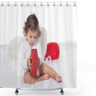 Personality  Little Cherub With Wings Holding Gift On Bed, Isolated On White Shower Curtains