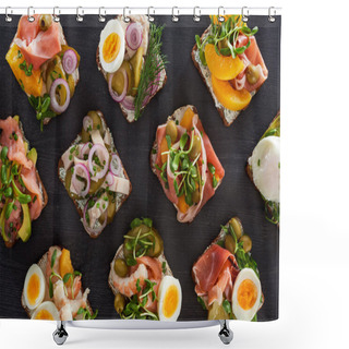 Personality  Top View Of Prepared Danish Smorrebrod Sandwiches On Grey Surface  Shower Curtains