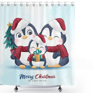 Personality  Adorable Penguins Christmas With Watercolor Illustration Shower Curtains