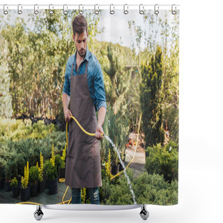 Personality  Gardener In Apron Watering Plants Shower Curtains