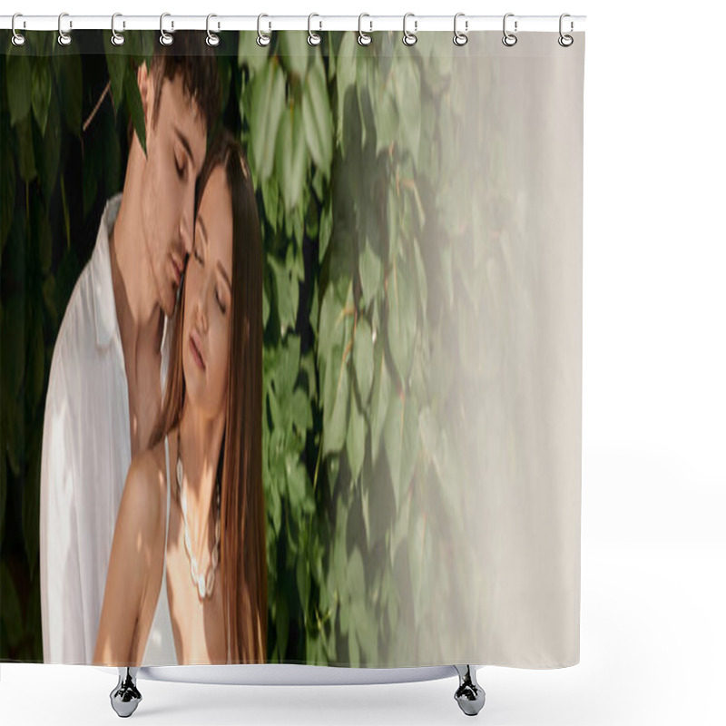 Personality  Romantic Getaway, Handsome Man Embracing Beautiful Woman In Beach Wear Near Green Foliage, Banner Shower Curtains