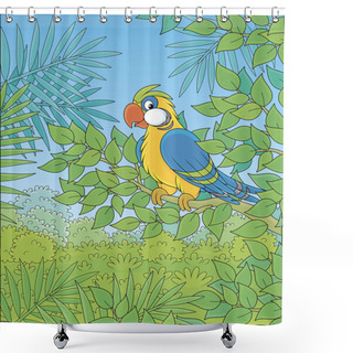 Personality  Funny Colorful Parrot Perched On A Green Tree Branch In Tropical Jungle, Vector Illustrations In A Cartoon Style Shower Curtains