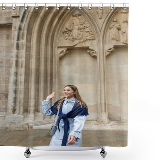 Personality  Cheerful Young Woman With Scarf On Top Of Blue Trench Coat Waving Hand Near Historical Building In Vienna  Shower Curtains