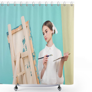 Personality  Beautiful Teen Artist Painting On Easel With Brush And Palette, On Turquoise Shower Curtains