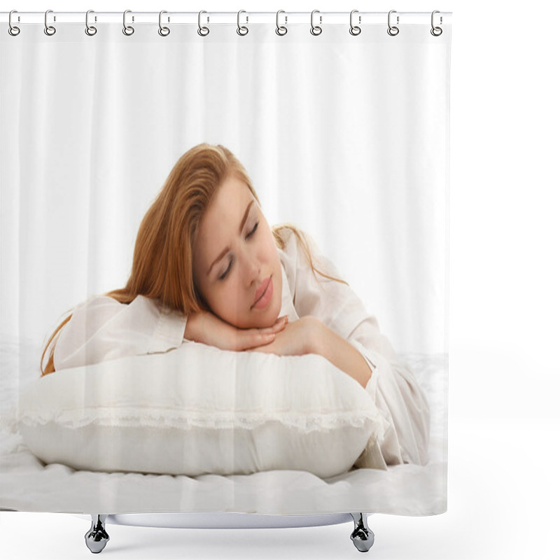 Personality  Young beautiful girl sleeps in the bed hugging a pillow on his s shower curtains