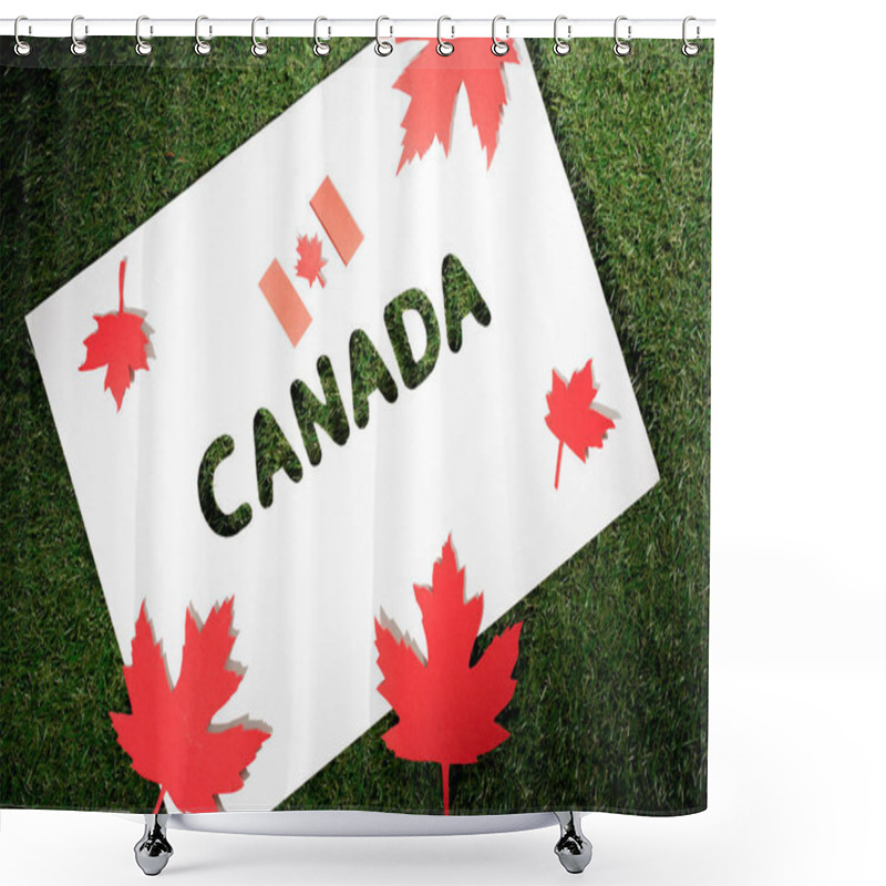 Personality  White Board With Cut Out Word 'canada' On Green Grass Background  With Maple Leaves And Canadian Flag Shower Curtains