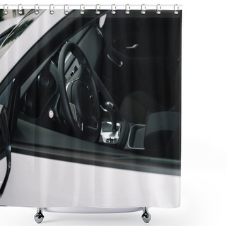 Personality   Black Steering Wheel In Luxury White Automobile In Car Showroom   Shower Curtains