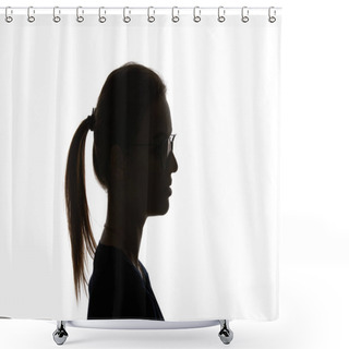 Personality  Side View Of Woman In Glasses With Ponytail Isolated On White Shower Curtains