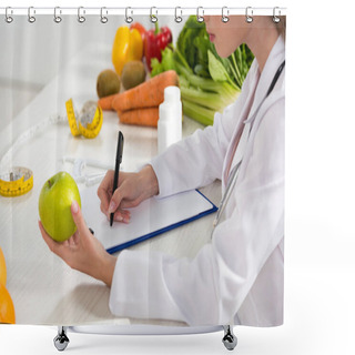 Personality  Cropped View Of Dietitian In White Coat Holding Green Apple And Writing In Clipboard Shower Curtains