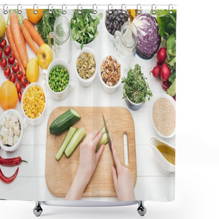 Personality  Cropped View Of Woman Cutting Cucumber On Wooden White Table Shower Curtains