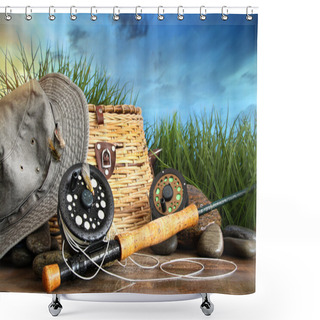 Personality  Fly Fishing Equipment With Hat On Wooden Dock Shower Curtains