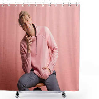 Personality  Young Man In A Pink Hoodie On A Pink Background, Happy And Smiling Shower Curtains