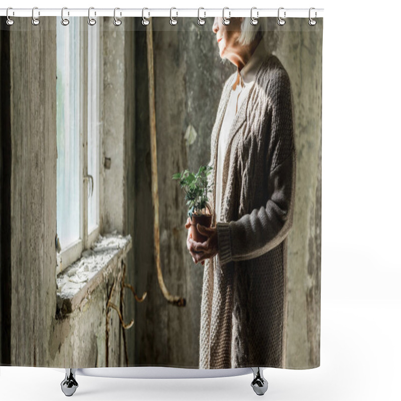 Personality  Cropped View Of Senior Woman Holding Small Plant In Pot  Shower Curtains