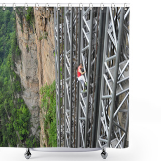Personality  French Climber Jean-Michel Casanova Climbs The Bailong Elevator, Also Known As The Hundred Dragons Elevator, In Zhangjiajie Scenic Spot In Central Chinas Hunan Province, 18 May 2013 Shower Curtains