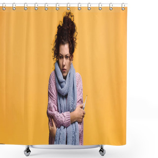 Personality  Upset And Diseased Woman In Knitted Sweater Holding Thermometer Isolated On Orange Shower Curtains