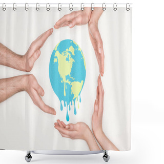 Personality  Cropped View Of Women And Men Surrounding Paper Cut Melting Globe With Hands On White Background, Global Warming Concept Shower Curtains
