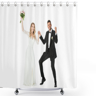 Personality  Beautiful Young Bride And Groom Dancing And Looking At Camera Isolated On White Shower Curtains