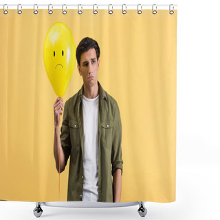 Personality  Upset Young Man Holding Sad Balloon, Isolated On Yellow Shower Curtains