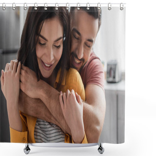 Personality  Smiling Young Man With Closed Eyes Hugging Girlfriend At Home Shower Curtains