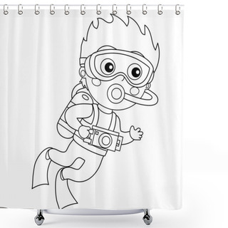 Personality  Coloring Page Outline Of Cartoon Little Boy Scuba Diver. Marine Photography Or Shooting. Underwater World. Coloring Book For Kids. Shower Curtains