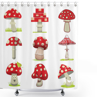 Personality  Cartoon Different Types Of Amanita Mushrooms Vector. Shower Curtains