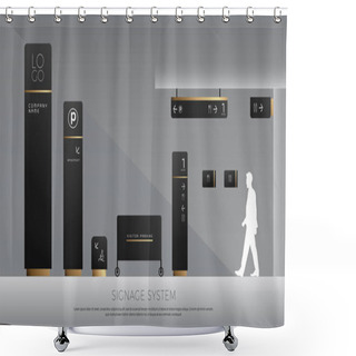 Personality  Exterior And Interior Signage Concept. Direction, Pole, Wall Mount And Traffic Signage System Design Template Set. Empty Space For Logo, Text, Black And Gold Corporate Identity Shower Curtains