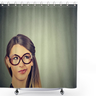 Personality  Unny Confused Skeptical Woman In Glasses Thinking Planning Looking Up  Shower Curtains