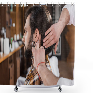Personality  Side View Of Handsome Man Getting Haircut In Barbershop Shower Curtains