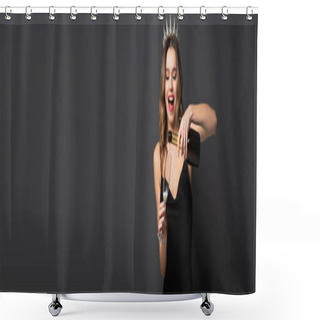 Personality  Amazed Woman In Black Slip Dress And Tiara Holding Bottle And Pouring Champagne In Glass On Grey, Banner Shower Curtains