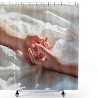 Personality  Partial View Of Couple In Live Holding Hads While Lying In Bed Together Shower Curtains