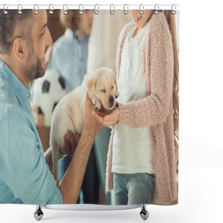 Personality  Father Giving His Daughter Adorable Labrador Puppy Shower Curtains