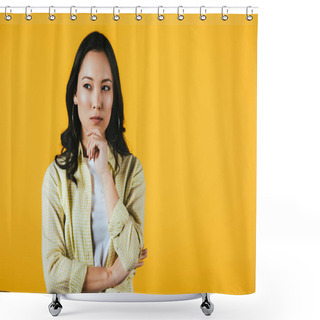Personality  Pensive Brunette Asian Girl Isolated On Yellow Shower Curtains
