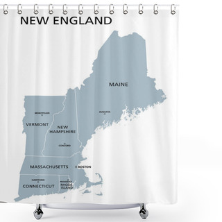 Personality  New England Region Of The United States Of America, Gray Political Map. The Six States Maine, Vermont, New Hampshire, Massachusetts, Rhode Island And Connecticut With Capitals. Illustration. Vector. Shower Curtains