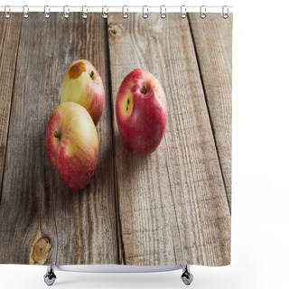 Personality  Farmers Apples With Small Rotten Spot On Brown Wooden Surface Shower Curtains