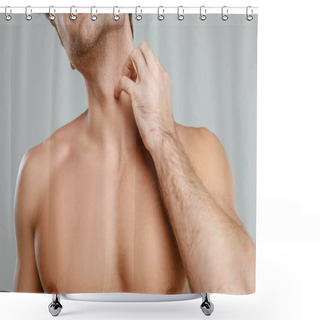 Personality  Cropped View Of Man Scratching Neck Isolated On Grey Shower Curtains