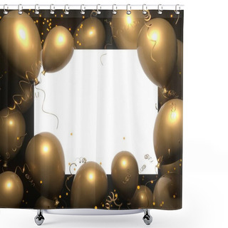 Personality  Party Banner With Goled Balloons On Black Background And Place For Text. Happy Birthday Cards Design. Festive Or Present 3d Rendering Decoration Concept. Party, Wedding Or Promotion Banners Or Posters Shower Curtains