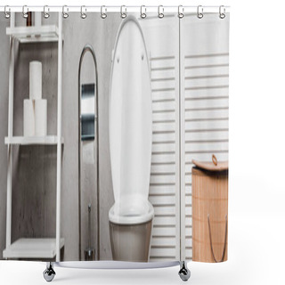 Personality  Interior Of Modern Bathroom With Toilet Bowl Near Rack With Towels, Toilet Paper, Laundry Basket And Toilet Brush, Panoramic Shot Shower Curtains