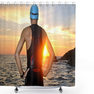 Personality  Young Athlete Triathlon In Front Of A Sunrise Shower Curtains