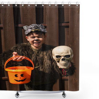 Personality  Happy Asian Boy In Werewolf Costume Holding Spooky Skull And Halloween Bucket While Looking At Camera Shower Curtains