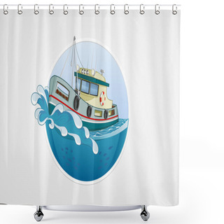 Personality  Moving Fishing Boat. Deep Sea With Wave. Round Vector Computer Icons For Applications Or Games. Logo And Emblem Template. Handdrawn Illustration. Shower Curtains