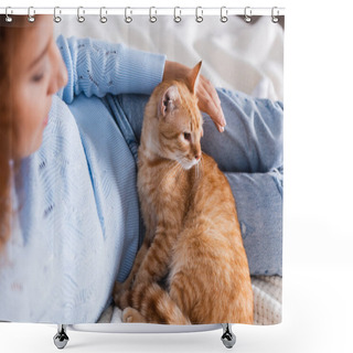 Personality  Selective Focus Of Young Woman Lying Near Tabby Cat On Bed  Shower Curtains