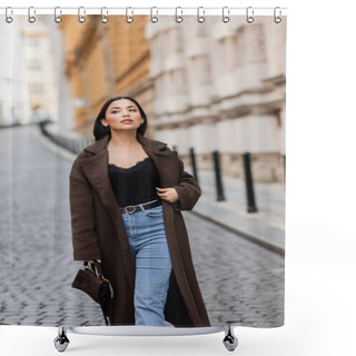 Personality  Trendy Woman In Brown Coat Walking With Handbag And Looking Away On City Street In Prague Shower Curtains