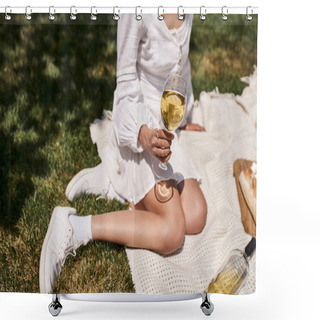 Personality  Cropped View Of Young African American Woman Sitting With Glass Of Wine On Blanket And Lawn In Park Shower Curtains