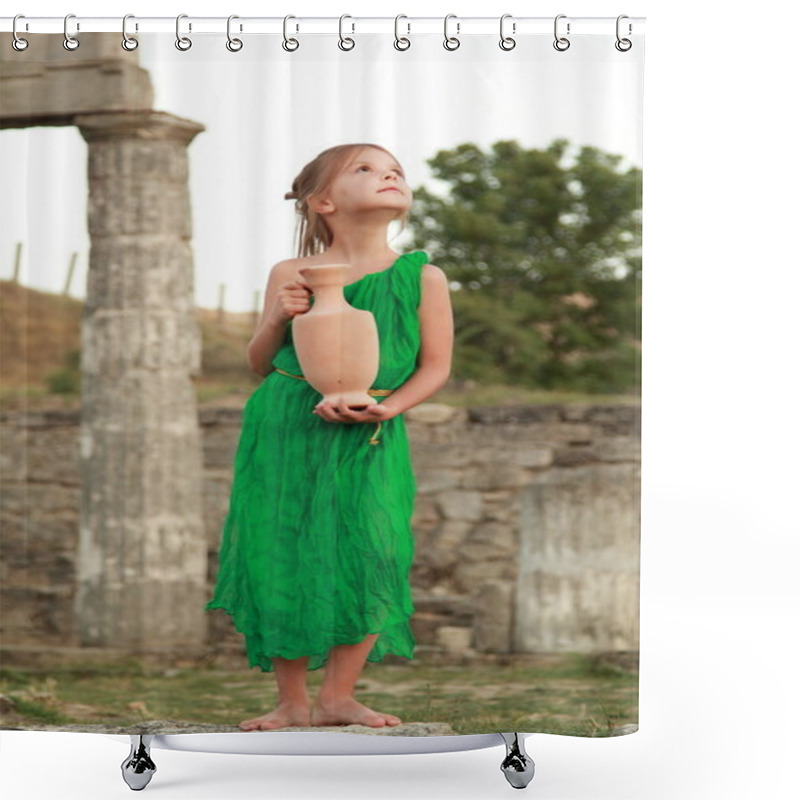 Personality  Lovely Girl In A Bright Dress With Vintage Antique Amphora On The Excavation Of The Ancient City. Shower Curtains