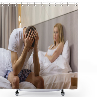 Personality  Man Sitting On The Bed With Woman On The Back Shower Curtains