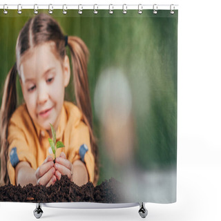 Personality  Selective Focus Of Cute Kid Planting Young Plant On Blurred Background, Earth Day Concept Shower Curtains