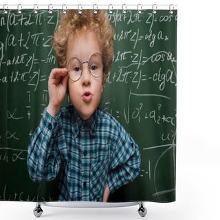 Personality  Smart Kid Touching Glasses And Standing With Hand On Hip Near Chalkboard  Shower Curtains
