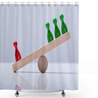 Personality  Red And Green Pawns Figures Balancing On Wooden Seesaw Over The Desk Shower Curtains