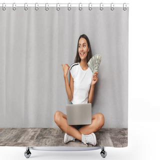 Personality  Image Of Excited Happy Young Woman Sitting Isolated Over Grey Background Using Laptop Computer Holding Money Looking Aside Pointing. Shower Curtains